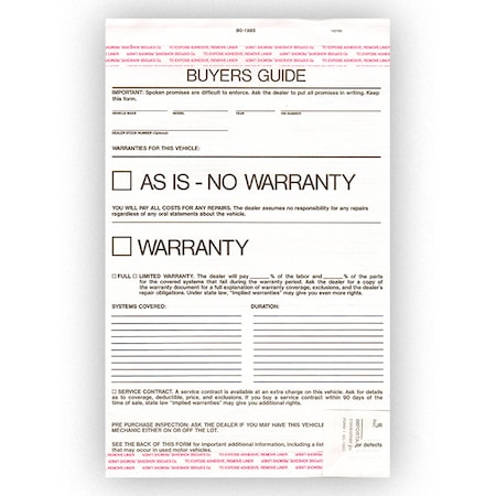 Car Dealer Depot As Is Plain Buyers Guide 2 Part Carbonless, Qty 100 Pk 8250